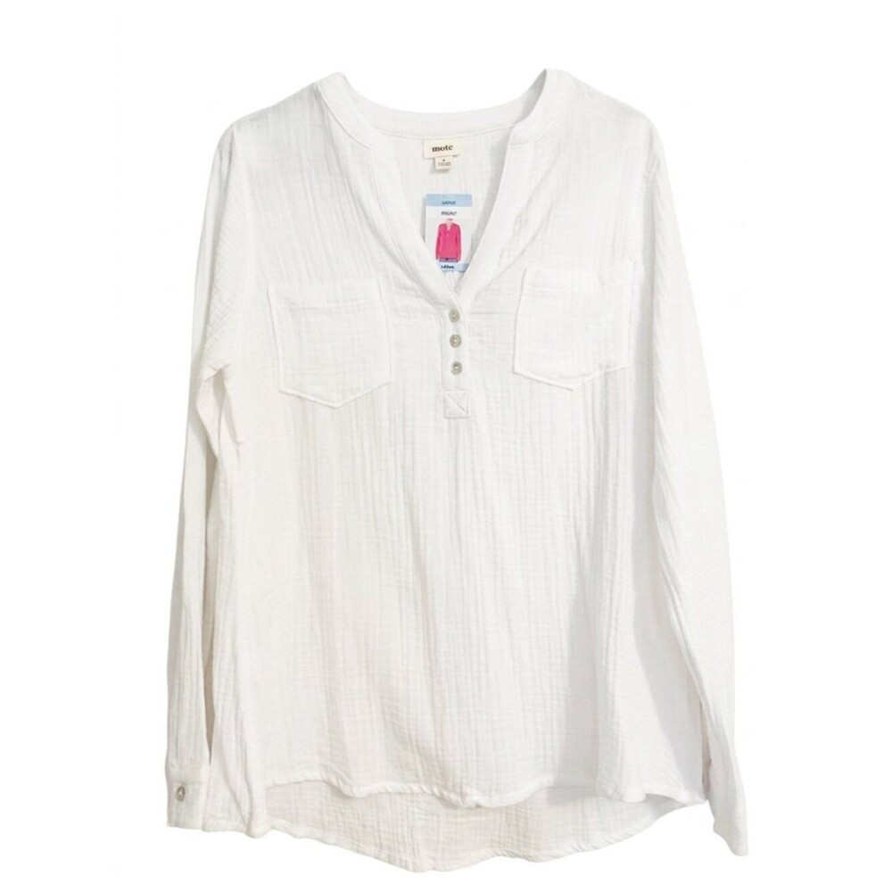Mote Gauzy Henley Shirt Size: L White Long Sleeve V-Neck Cotton NWT